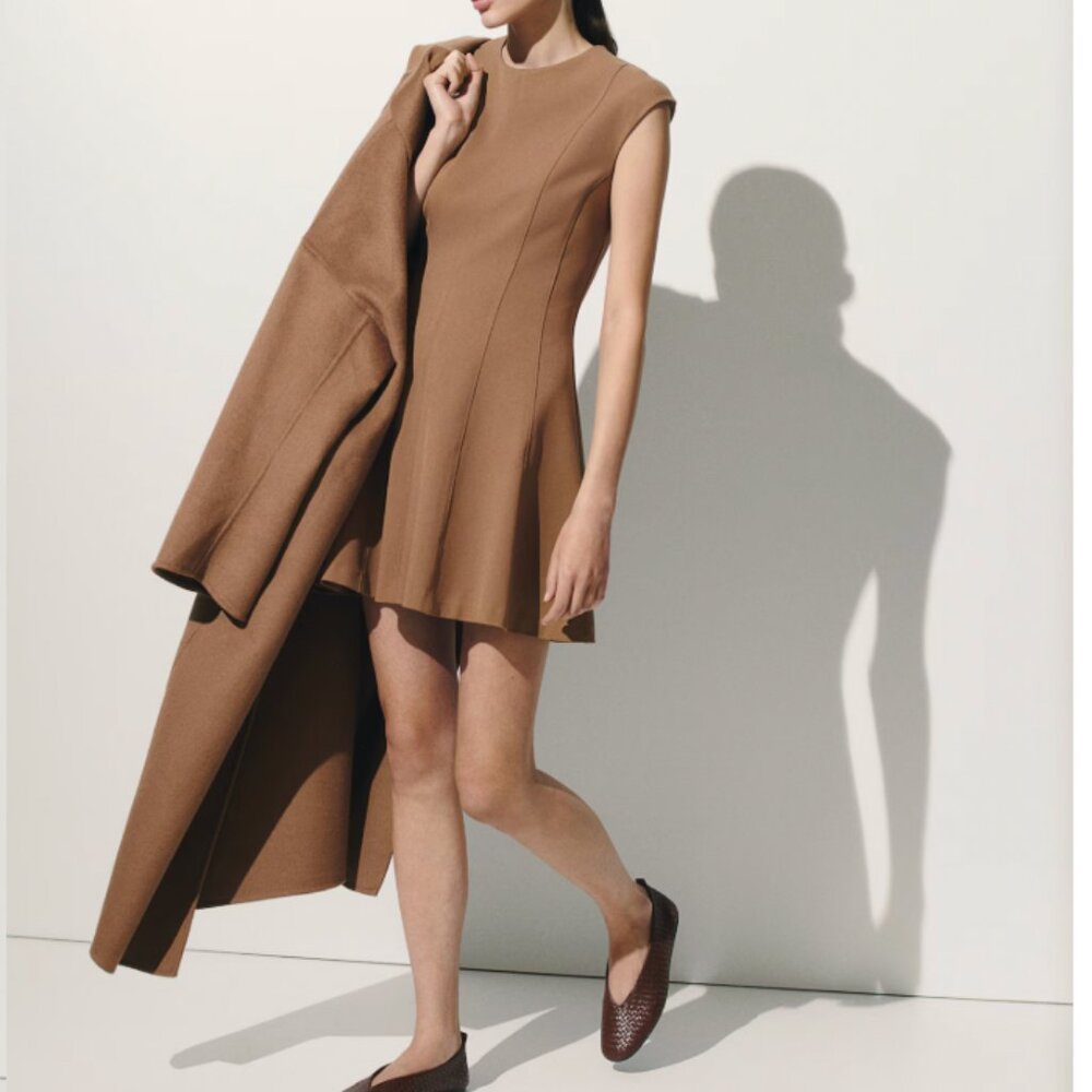 H&M NEW Flared-Skirt Twill Dress Dark Beige / Tan - Medium